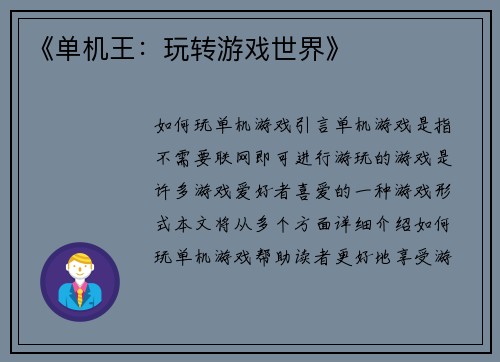 《单机王：玩转游戏世界》