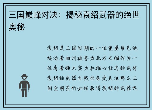 三国巅峰对决：揭秘袁绍武器的绝世奥秘