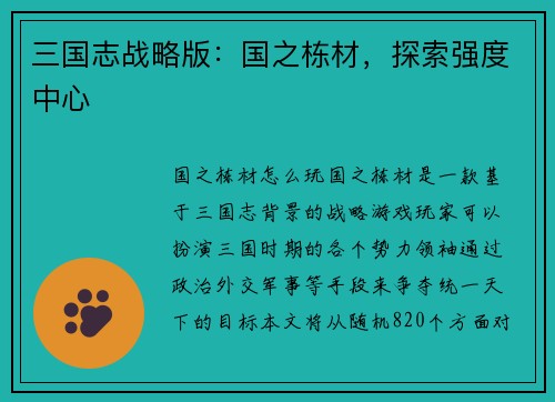 三国志战略版：国之栋材，探索强度中心