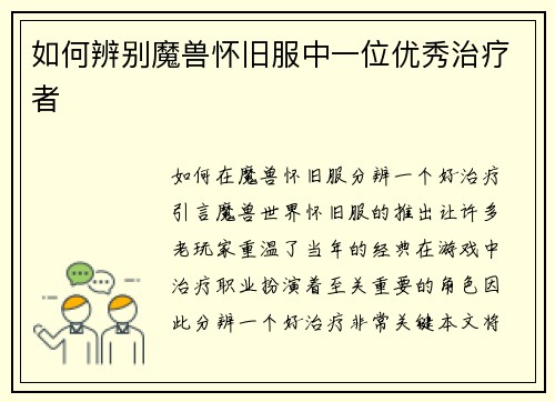如何辨别魔兽怀旧服中一位优秀治疗者